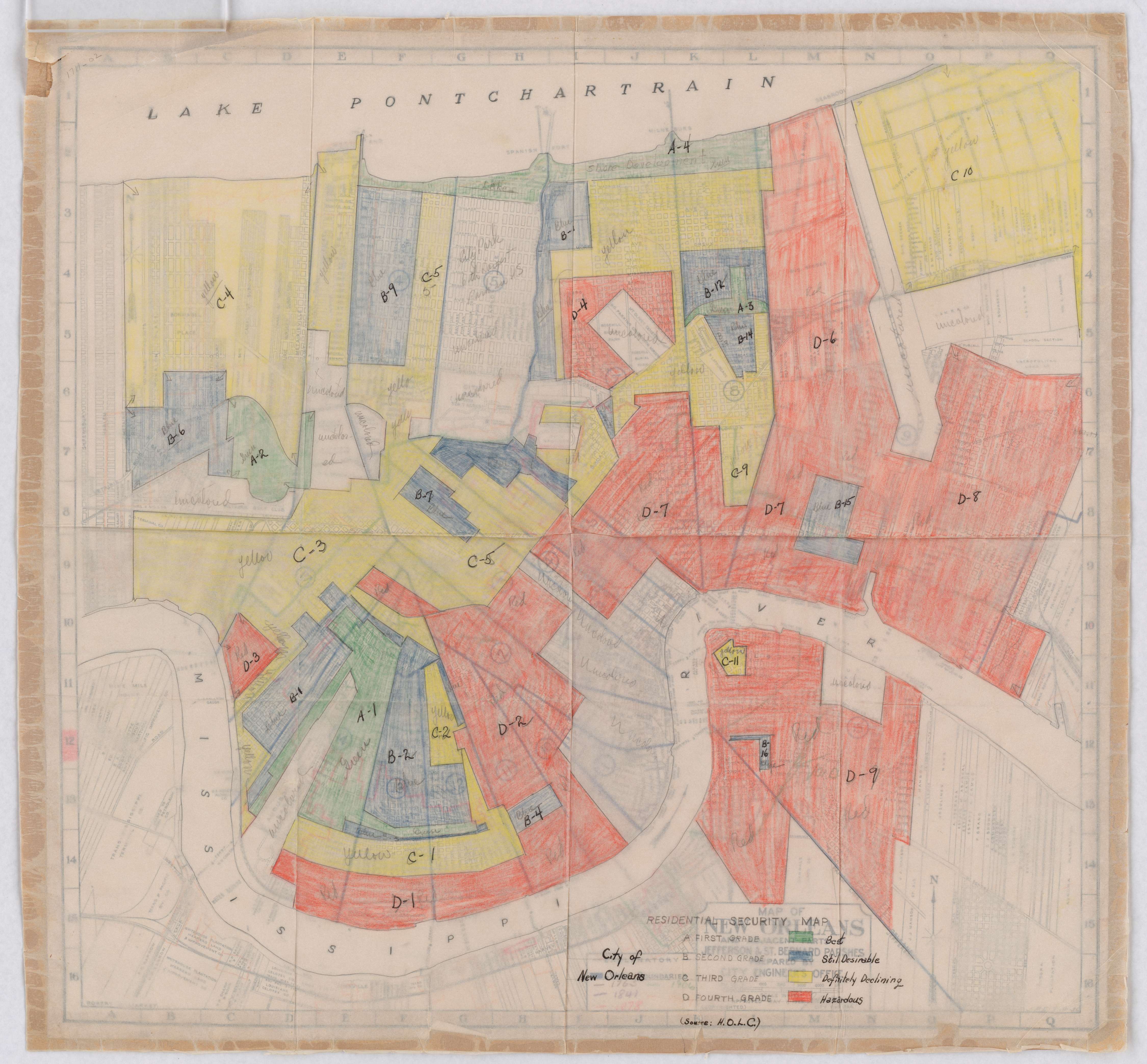 A federal residential security map divides New Orleans neighborhoods into green, blue, yellow, and red graded areas.